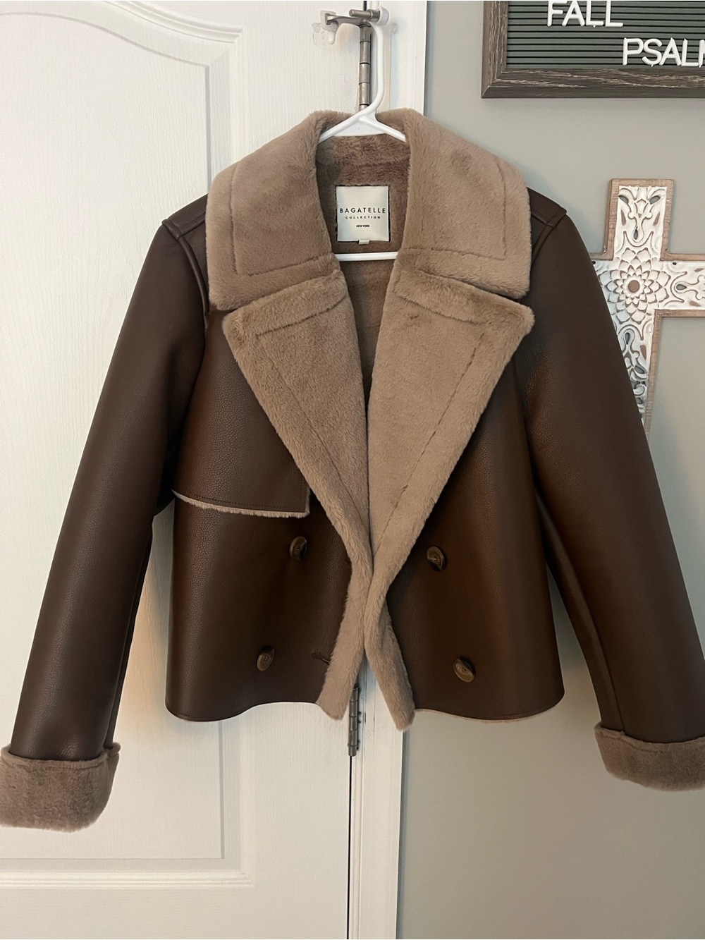 bagatelle Dark Brown Faux Leather Shearling Jacket with Tan Lining